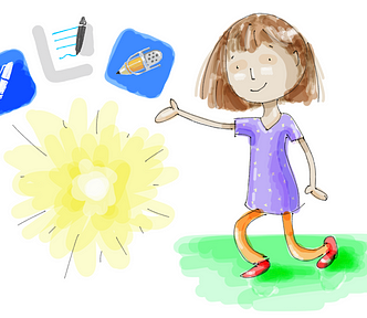Cartoon girl with icons of Noteshelf, Goodnotes and Notability