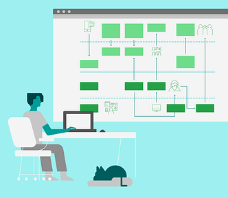 A person sitting at a desk, working on a flowchart graphic for a service design blueprint