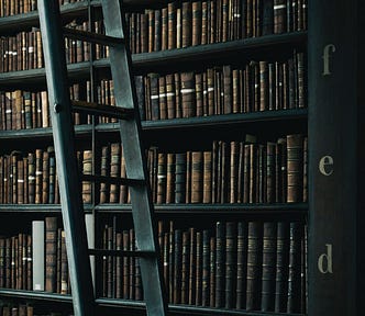 A library with numerous books and a huge black ladder.