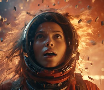 An image of a woman in a space suit look suprised while all kinds of particles float araound.