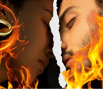 image of a couple, seperated by ripped paper, with flames and images of rings.