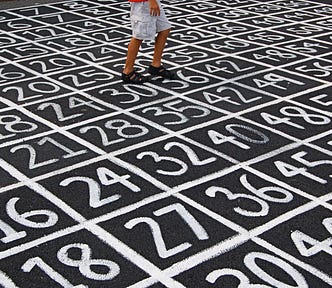Person standing on grid of numbers