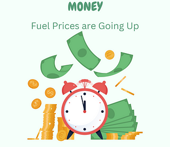 Money, Fuel Prices are Going Up, Floating cash and an alarm clock, Image created by Ann Leach