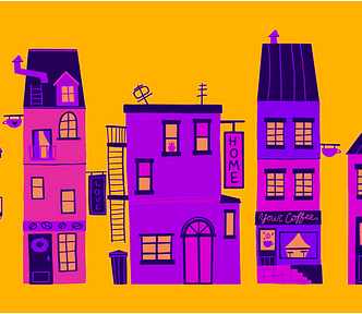 A line drawing of a row of houses colored purple with an orange background.