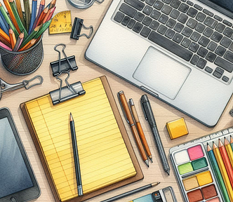 A watercolor image of a desk.