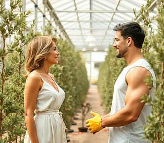 Beneath the glass atrium of the garden nursery, in an aisle bordered by cedar, oak and other hardwood and softwood saplings, an elegant, attractive, refined woman in her 50s, wearing a light summer dress, crosses paths with a handsome, rugged man in his 20s, wearing a white, sleeveless T-shirt, displaying muscular shoulders. He is wearing yellow rawhide gloves. He is a gardener at the nursery. Attraction lingers between their looks.