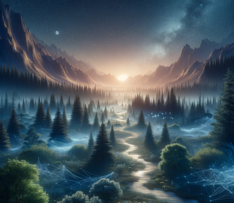 A serene night landscape depicting a journey from dense forests to majestic mountains, symbolizing the progression from basic to advanced web development concepts, illuminated by the moon and stars, devoid of human figures or technology symbols, representing the exploration and mastery in the digital realm through natural metaphors.