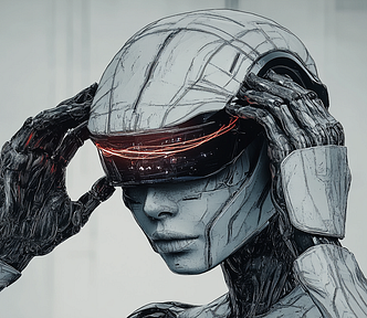 Image of an AI bot, putting on a knowledge enhancing visor with heads-up information display