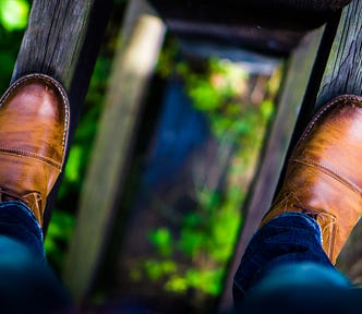 Image of a man’s legs and dress shoes balanced on wood beams over a forest
