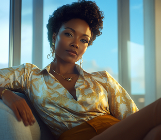 Middle-aged Black Asian woman, Black Marie Antoinette, sitting in a modern corner office, hyper-realistic.
