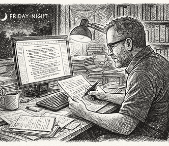 Professor works late in his office, grading documents at a computer under a desk lamp at night.