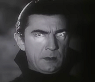Black-and-white screen capture of closeup of Bela Lugosi’s face from film, “Dracula.”