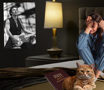 Woman crying on a bed with a big orange cat and a Holy Bible with “Malice in Wonderland” printed on the cover. A Bruce Springsteen poster hangs on the wall.