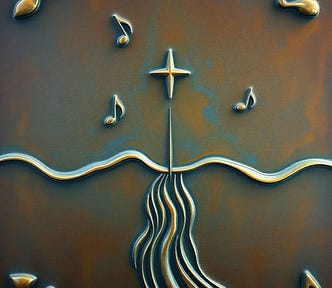 A cast bronze surface with an antique patina finish, depicting mist, musical notes and soundwaves, a streaking star, sperm zoa, and descending light forming a skyward river.