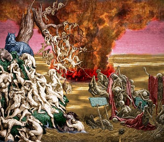 A blasted wasteland with a mushroom cloud rising over it. In the foreground are swarms of drowning people climbing over each other to escape into the limbs of a dead tree, and a crowd of agonized skeletons. All sourced from Dore engravings illustrating the Old Testament.
