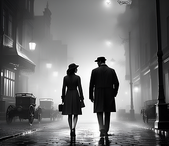 A couple walking through the city on a rainy night.