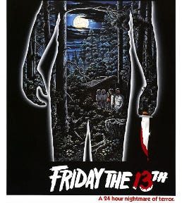 The original movie poster of Friday the 13th, showing the outline of a mysterious figure holding a bloody knife. Within the outline, there is an image of young people near a camp cottage in a wooded area.