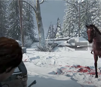 A screenshot of the gameplay with a character aiming at the snow