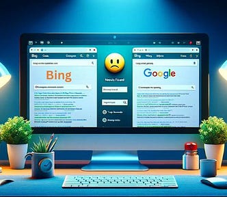 Computer screen comparing Google’s rejection and Bing’s approval of a website — Google Clapped My Site But Bing Loves Me