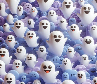 Lots of little ghosts represent the huge number of ghost jobs, i.e. fake job advertisements.