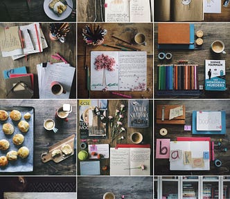 A grid of twelve photographs taken from the Instagram of Helen Redfern. Pictures with scones and coffee, books, pencils, notebooks and petals — all artfully arranged.