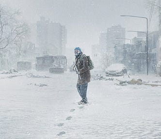 A promotional still from Netflix’s Eternaut showing Juan Salvo alone in a snowy street.
