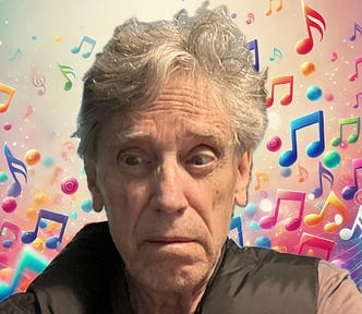 A man with gray, slightly disheveled hair and an anxious expression is placed in front of a colorful, music-themed background featuring floating, multicolored musical notes. He is wearing a black vest over a dark-colored shirt. The background creates a vibrant contrast with the subject.