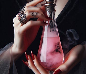close up of a woman’s hands, whose face it out of view but wearing black, with silver rings and red fingernails holding a glass potion bottle filled with pink liquid and smoke.