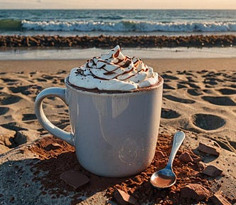 Image shows the beach and in the background the waves rolling in to the short, and in the middle of the image a mug with hot chocolate and cream on top.