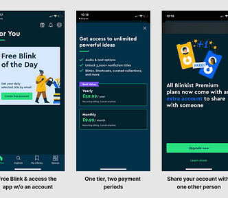 Blinkist screenshots showing free blinks, payment tiers and sharing your account with another person
