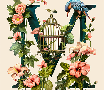 Isometric letter “M” in Bohemianism art style of a mixture of a flowers and bird cage, leaves surrounding
