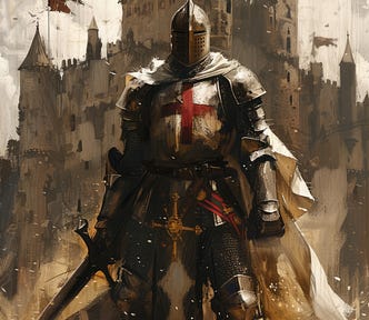 Medieval knight wearing white with a red cross on the chest.