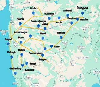 Map of Maharashtra displaying major district routes for Majha Morya Ganesh Idols’ intercity delivery network. 🚛📍