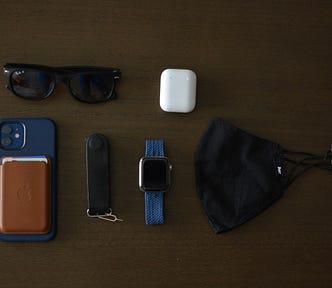 My current everday carry; Rayban Sunglasses, iPhone 12 and wallet, Distil KeyLoop, Apple Watch Series 5, Aer Mask, and Airpods.