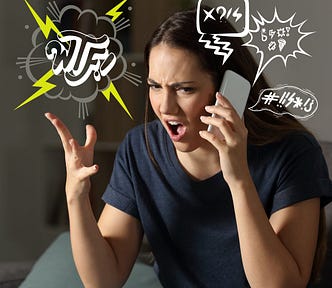 A woman surprised about all the things she is hearing on the phone. A lot of cartoon swearing words coming out of the phone