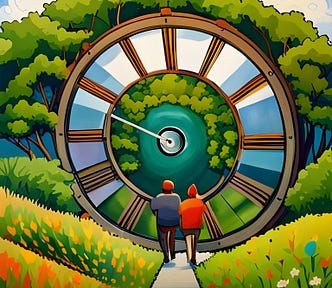 Two persons walk toward a large time machine that looks like a clock face resting on the ground in a colorful park. Where will they end up? The future or the past? How can we know? How will they choose?