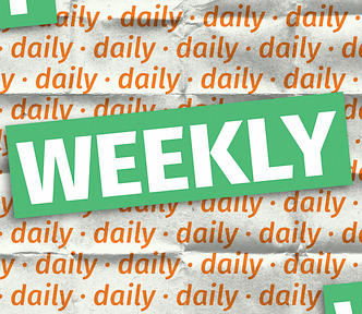 The word WEEKLY is written in big white type on a green background, placed at an angle overlaying the word “daily”, which is written in smaller orange type, repeated many times