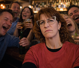 a girl frowning with drunk people behind her