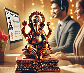 A beautifully crafted Ganesh Murti placed on a decorative pedestal, symbolizing divine blessings. In the background, a modern customer support setup with representatives assisting customers digitally, blending tradition with modern service.
