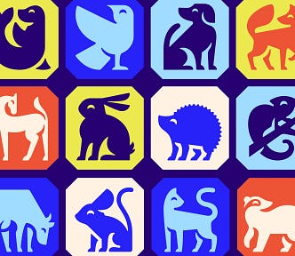 A grid of happy, colorful animals, including a rabbit, porcupine, and chameleon
