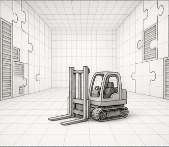 A wide-frame pencil sketch of a robotic forklift inside a vast, grid-lined data center with few computer racks. The computer racks dovetail with each other as pieces of a puzzle. The forklift is tiny in comparison to the room.