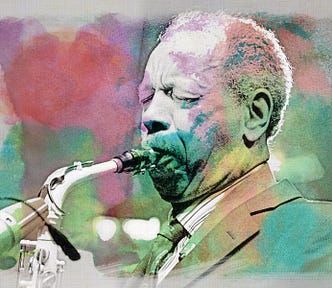 Black and white photo of Ornette Coleman, colored over with watercolor