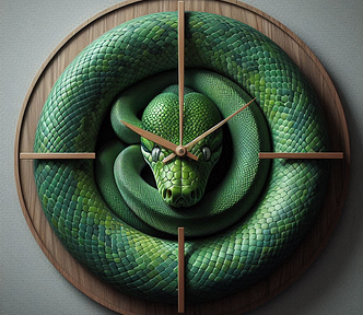 A picture of a wall clock formed by a coiled-up green python.