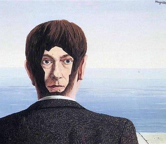 Surrealist painting of the backside of a man wearing a suit, facing a body of water with his face on the back of his head, surrounded by dark brown hair