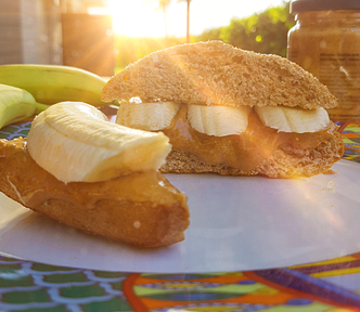 Two peanut butter and banana sandwiches on a plate, bananas, and a peanut butter jar. The sun is shining in the background.
