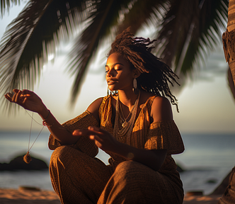 Obeah priestess on the Tobagonian beach, AI-generated image with Midjourney.