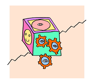 An illustration of a block with a happy face, an eye, and several cogs with eyes on them.