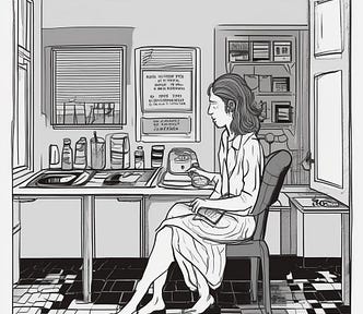 A detailed pen and ink drawing of a woman with three legs sitting in something vaguely resembling a kitchen.