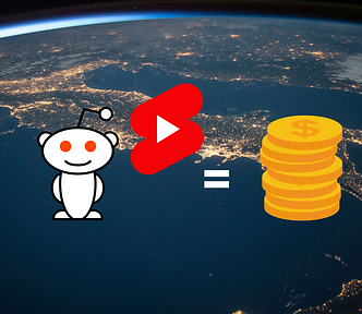 Reddit avatar, YouTube Shorts logo, and coins graphics lie on a globe background.