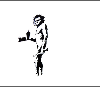 A caveman in black and white, holding a tray of fast-food in one hand and a bone in the other.